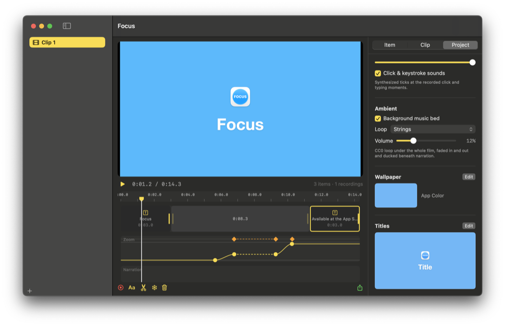 The Reelmator editor: a title card on the stage, the zoom curve with its keyframes below, and the project settings on the right — sound bed, backdrop from the app colour, title template.